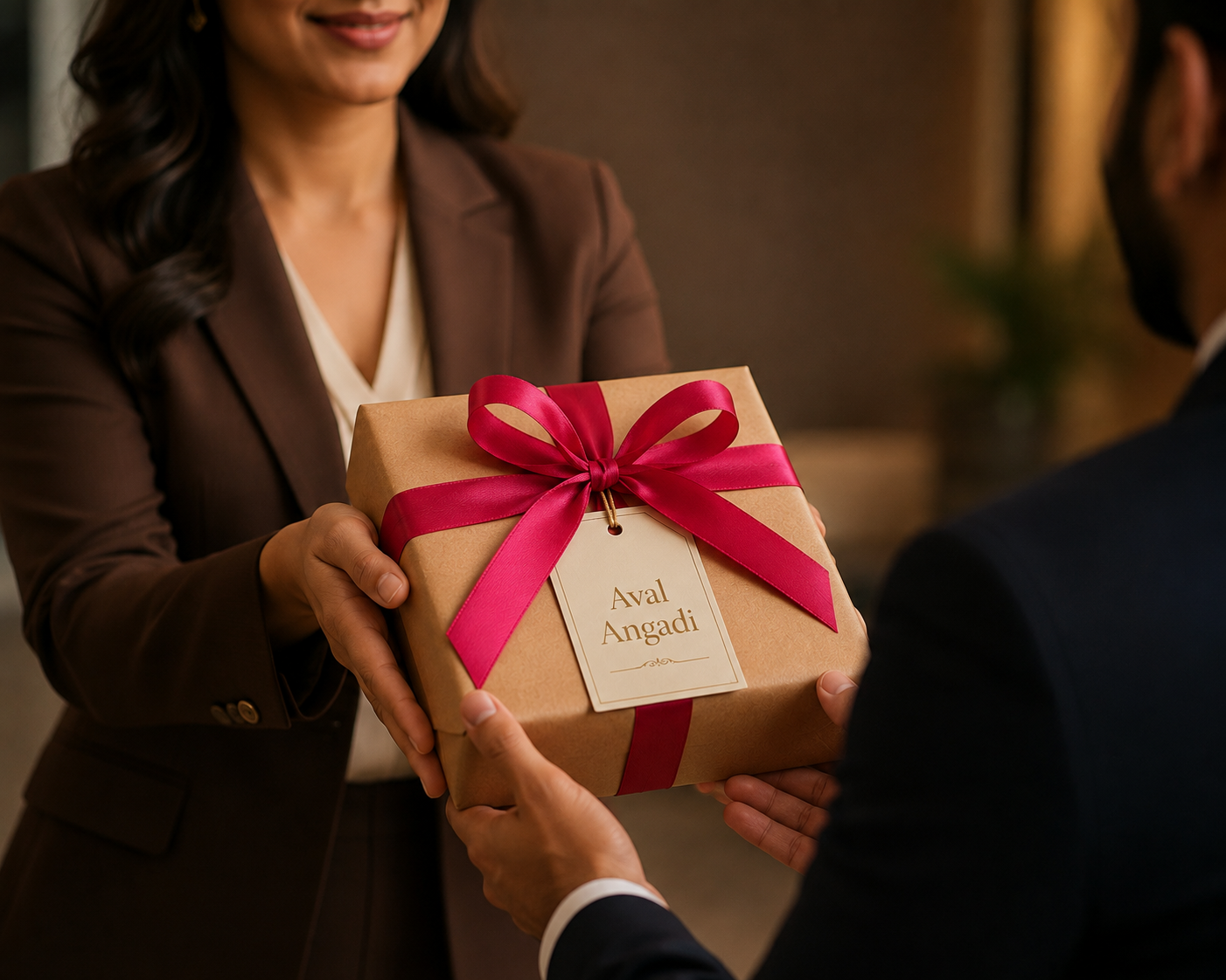 Hands tying ribbon on gift box